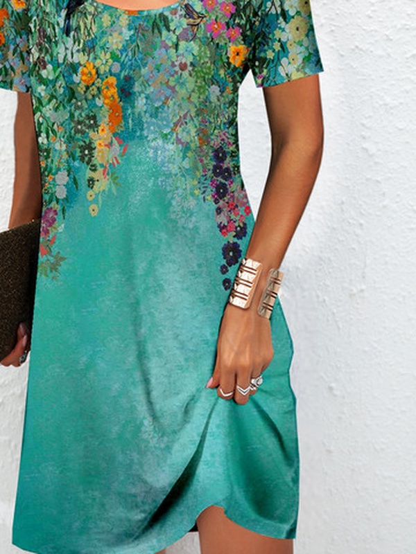 Floral Printed Crew Neck Jersey Casual Handmade Dress