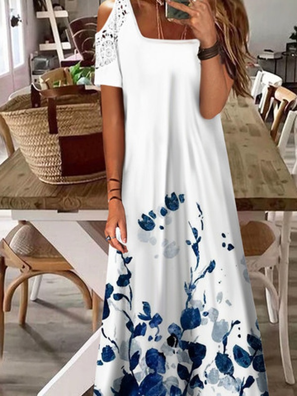 Square Neck Hollow Out Casual Floral Printed Handmade Dress