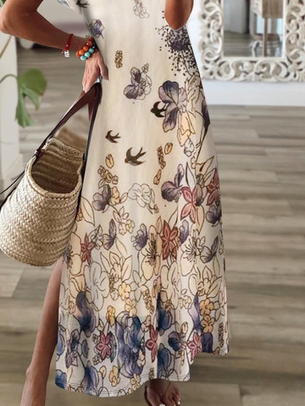 Floral Printed Casual Loose V Neck Handmade Dress