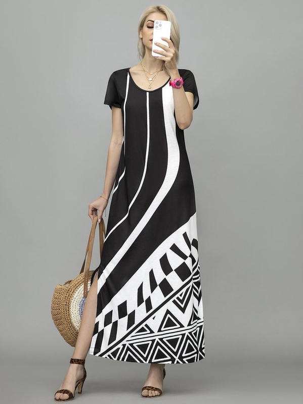 Crew Neck Geometric Loose Casual Boho Handmade Dress