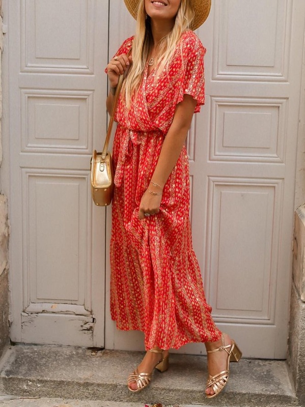 Abstract Short Sleeve Vacation Lace Up V Neck Handmade Dress