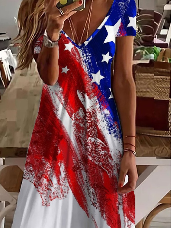 Casual Printed V neck Short Sleeve Knit Handmade Dress