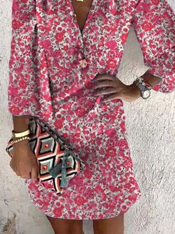 Floral Vacation Loose V Neck Three Quarter Handmade Dress