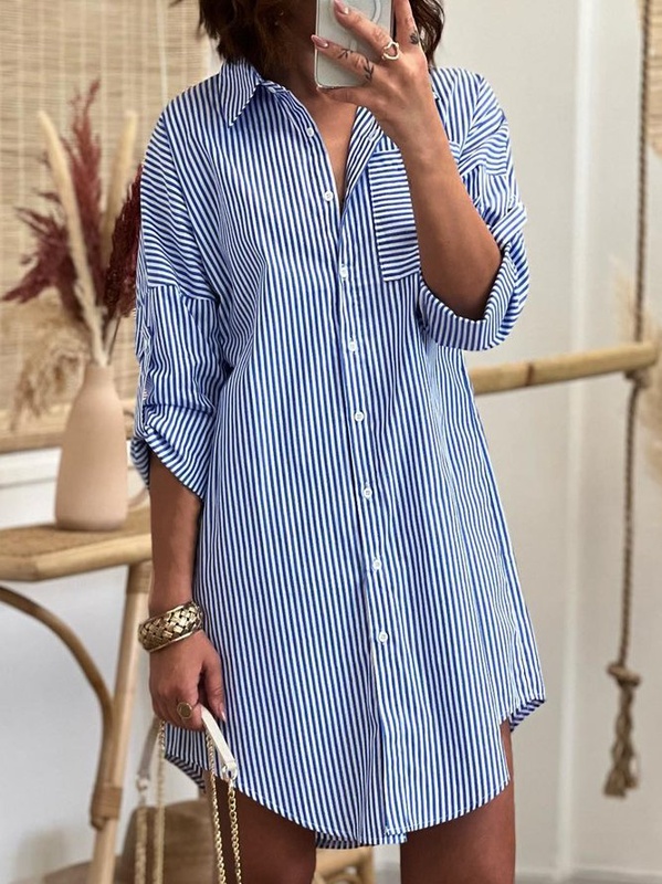 Casual Buckle Striped Shirt Handmade Dress
