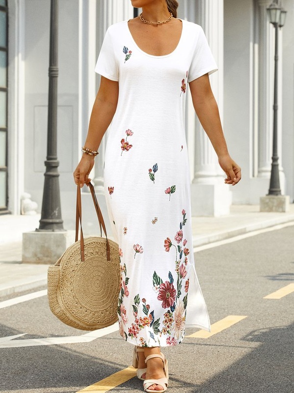 Floral print Casual Short Sleeve V neck Knitting Handmade Dress