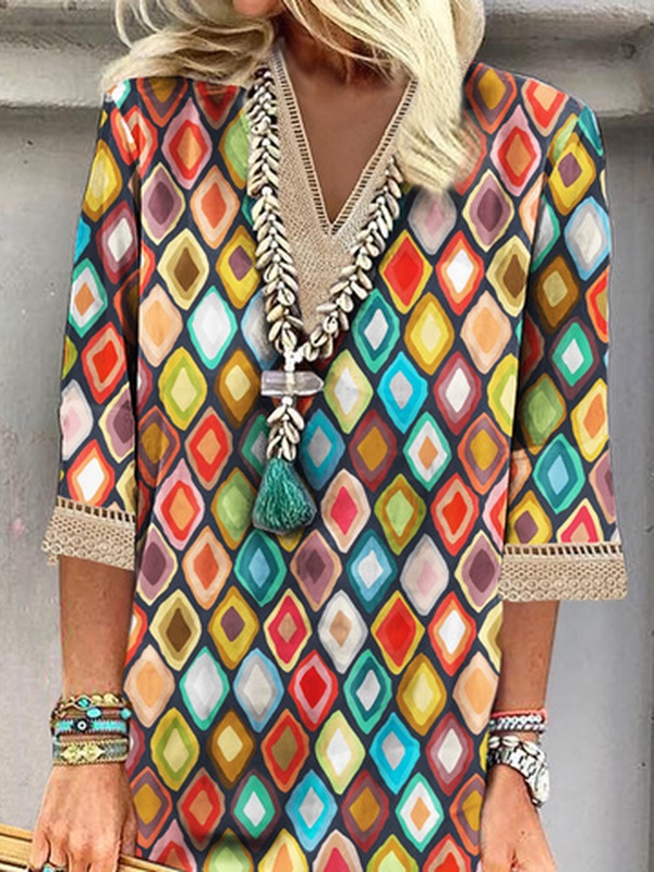 Geometric Hollow Out Lace V Neck Vacation Tunic Handmade Dress