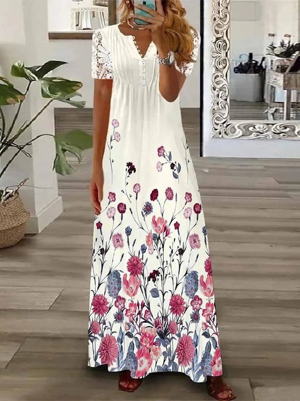 Floral Lace Short Sleeve Buckle Notched Casual Handmade Dress