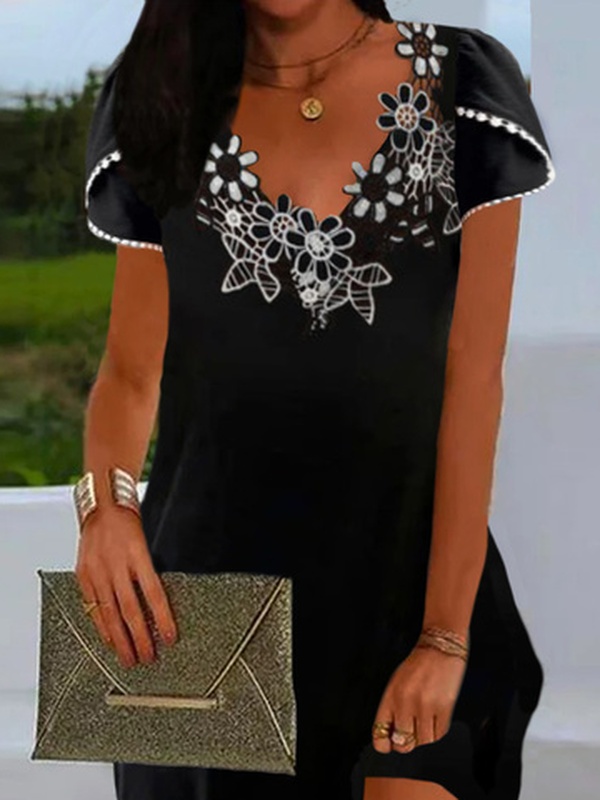 Lace Edge V Neck Short Sleeve Plain Casual Tunic Handmade Dress