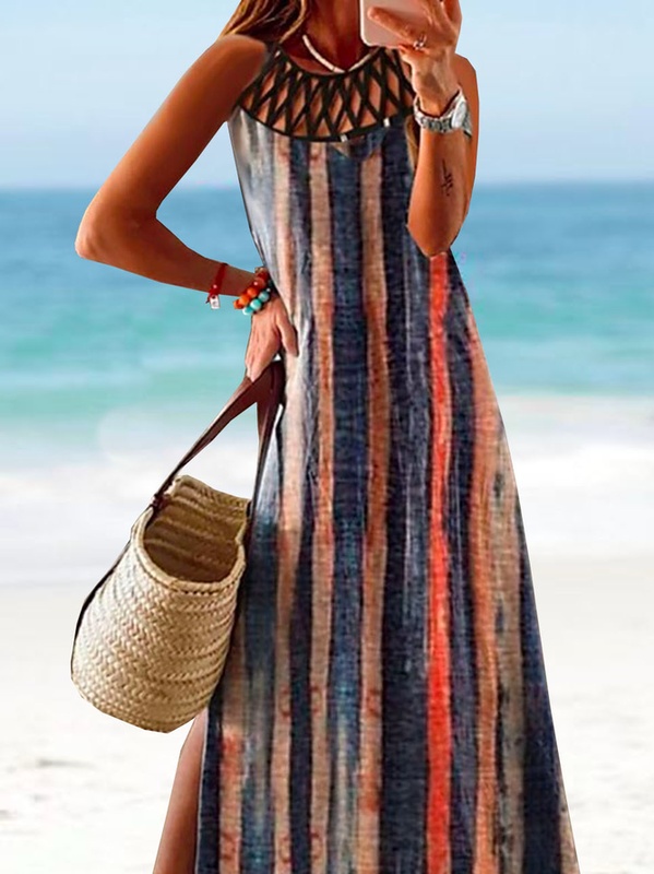 Striped Casual Jersey Cross Neck Handmade Dress