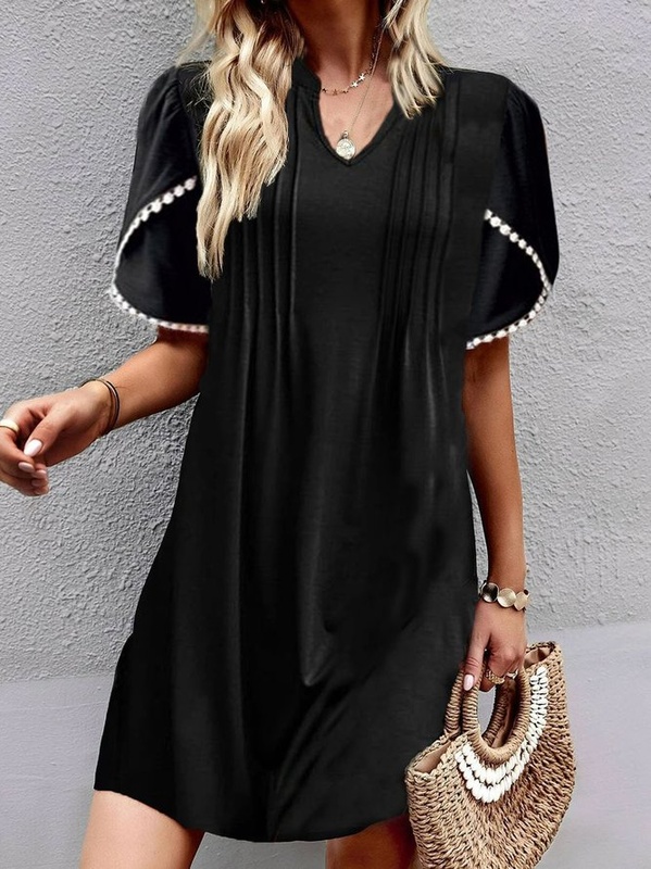 Casual V Neck Lace Edge Handmade Dress