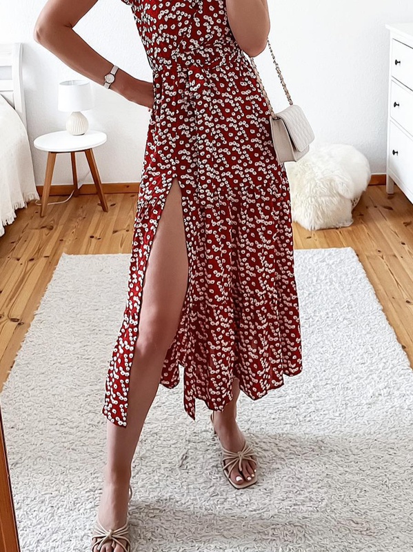 V Neck Floral Vacation Loose Handmade Dress