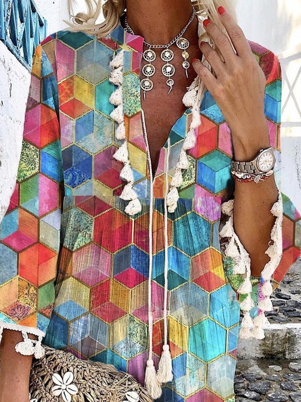Tassel Geometric V Neck 3 4 Sleeve Casual Handmade Dresses