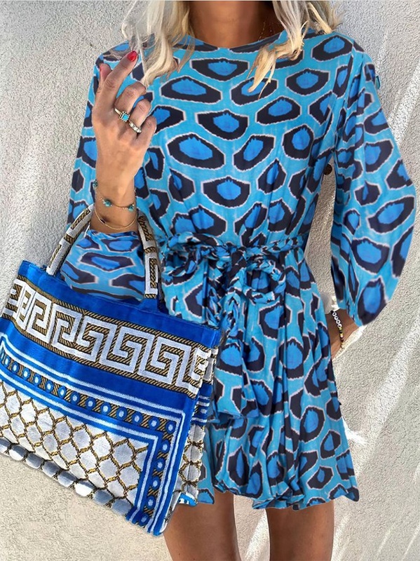 A Line Balloon Sleeve Leopard Print Weaving Handmade Dress