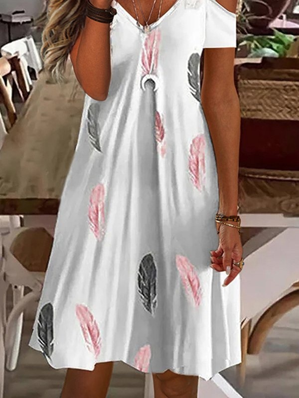 Feather Printed V Neck Off Shoulder Cold Shoulder Short Sleeve