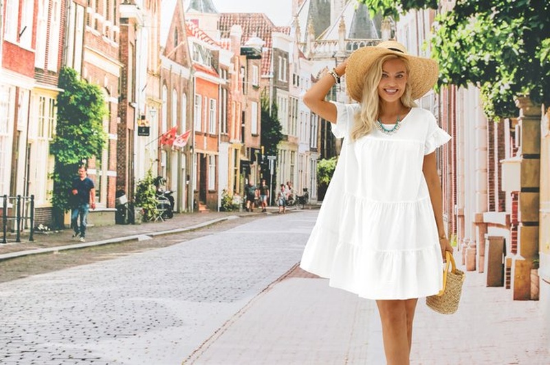 White Casual Cotton Short Sleeve Weaving Handmade Dress