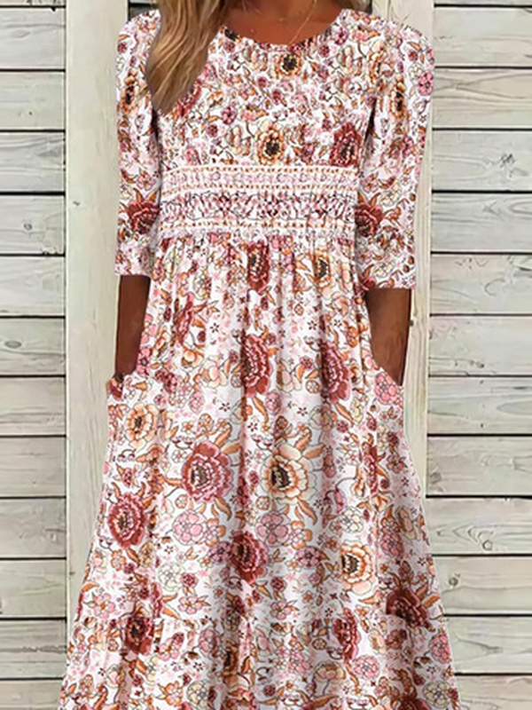 Disty Floral Half Sleeve Pocket Stitching Vacation Handmade Dress