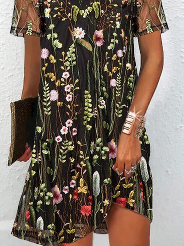 Floral Embroidery Mesh Casual V Neck Handmade Dress