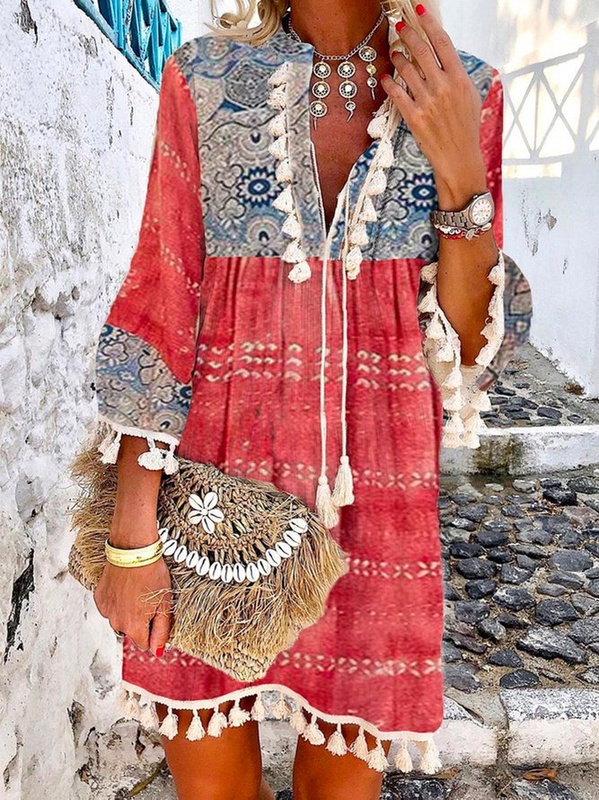 Casual Loosen Tribal Long Sleeve Woven Handmade Dress