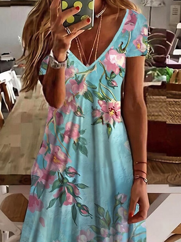 Floral Casual V Neck Short Sleeve A line Handmade Dresses