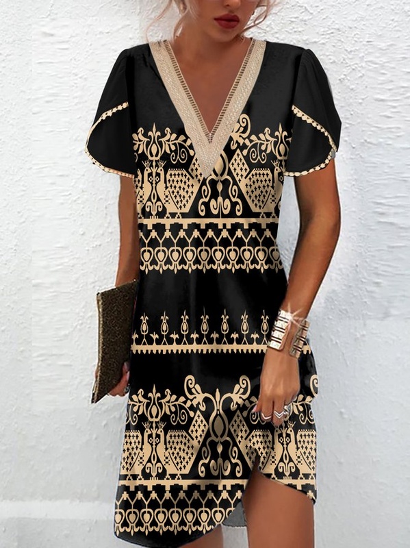 Printing V Neck Casual Handmade Dress
