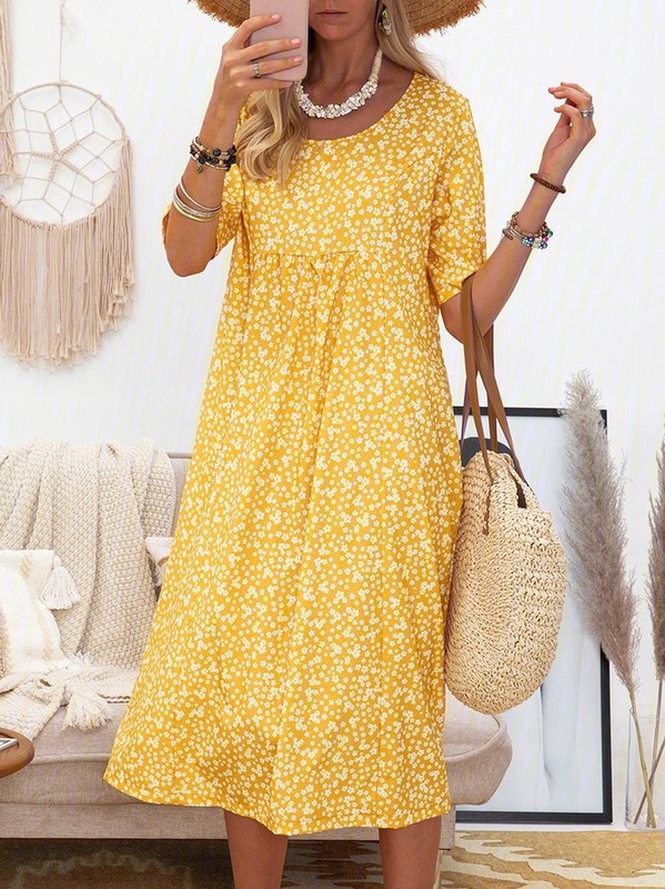 Women Short Sleeve Round Neck Floral Print Causal Midi Handmade Dress