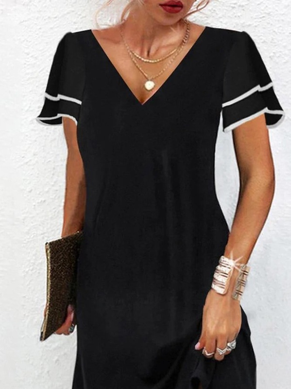 Plain V Neck Casual Short sleeve Loose Handmade Dress