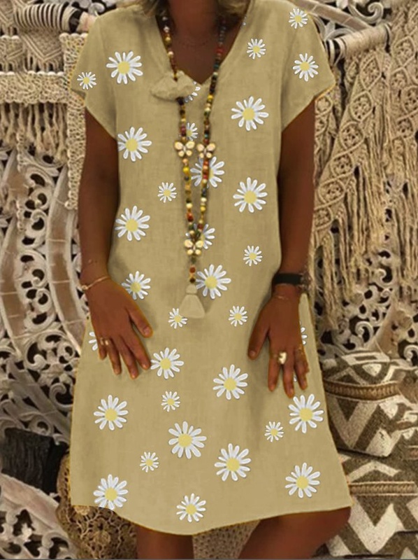 Casual vintage V neck short sleeve daisy Handmade Dress