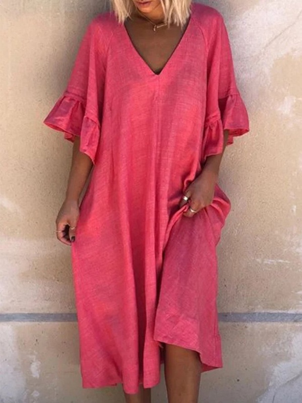 Plain V neck Casual Handmade Dress