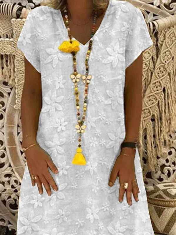 V Neck Plain Casual Short Sleeve Handmade Dress