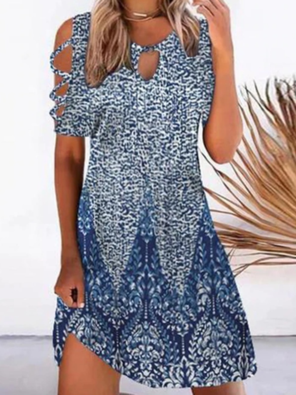 Notched Printed Short Sleeve Casual Handmade Dress