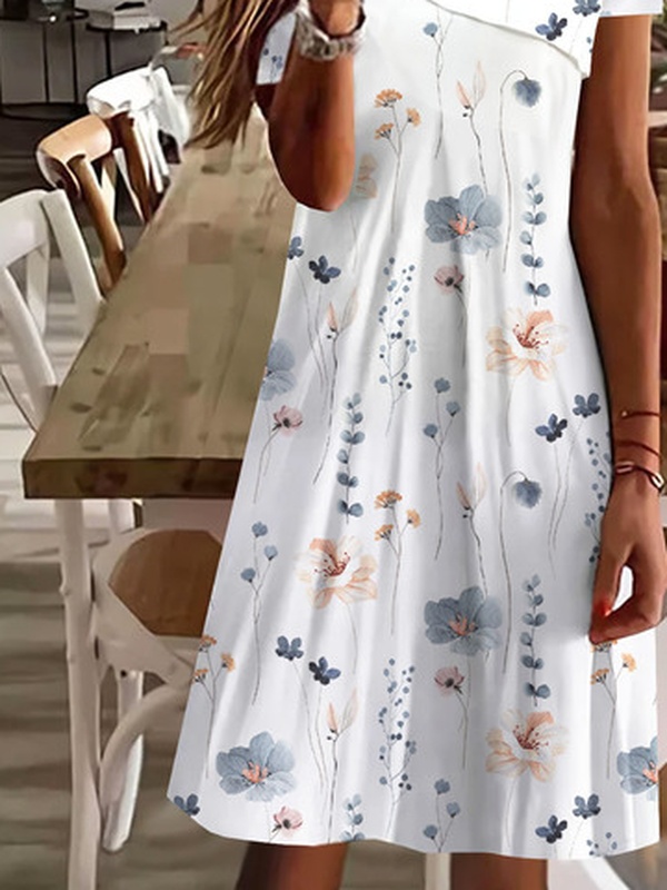 Asymmetrical Neck Casual Floral Printed Handmade Dress