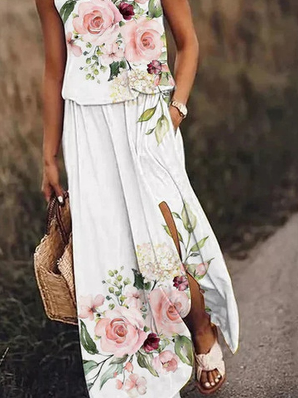 Crew Neck Casual Floral Printed Handmade Dress