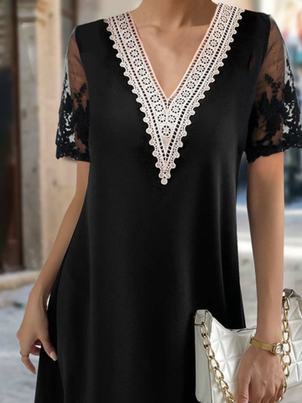 Casual Plain V Neck Patchwork lace Loose Handmade Dress
