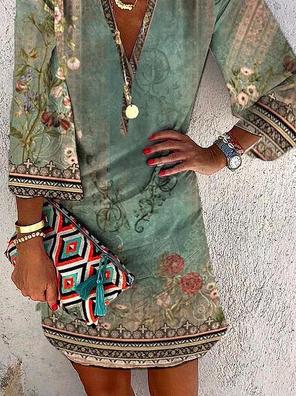 Floral V Neck Casual Three Quarter Handmade Dress