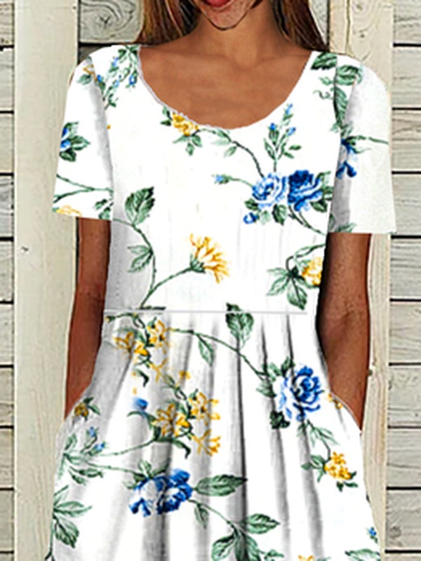 Pockets Casual Short Sleeve Woven Handmade Dress