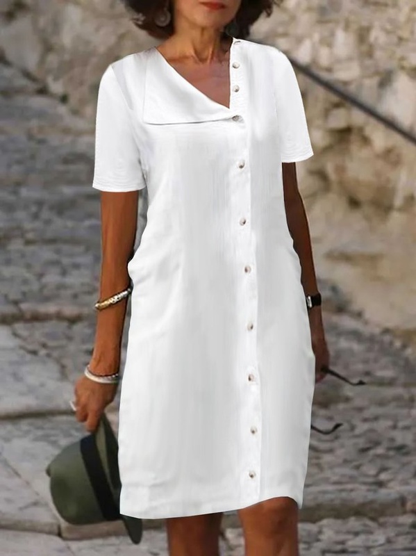 Casual Asymmetrical Collar Plain Buckle Handmade Dress