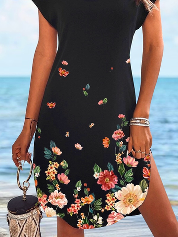 Casual Floral Loose Crew Neck Handmade Dress