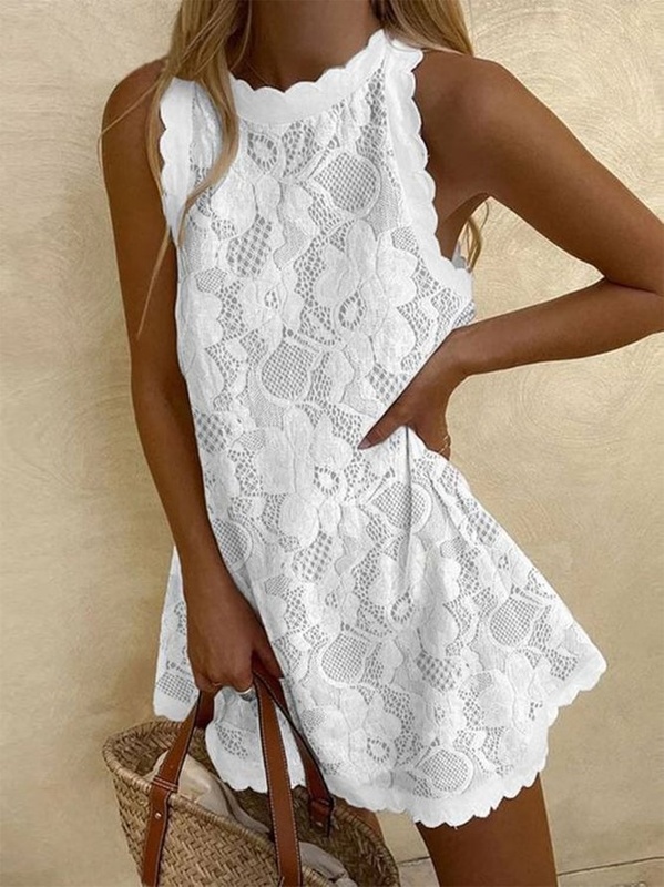 Plain Lace Jacquard Sleeveless Casual Tunic Handmade Dress