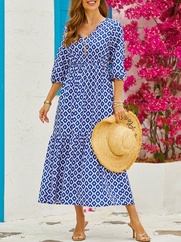 Geometric Casual Vacation Three Quarter A Line Handmade Dress