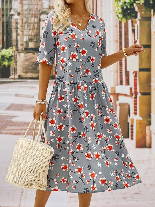 Vintage Women Short Sleeve V Neck Floral Printed Casual Weaving