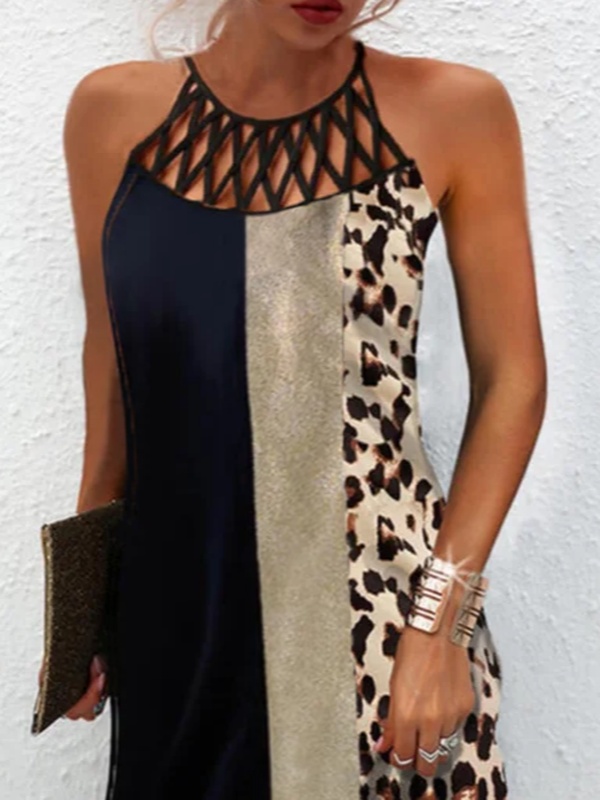 Leopard Crew Neck Short Sleeve Woven Handmade Dress