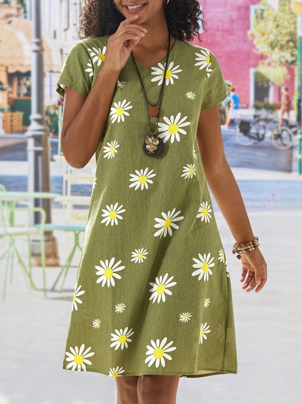 Casual vintage V neck short sleeved daisy Handmade Dress