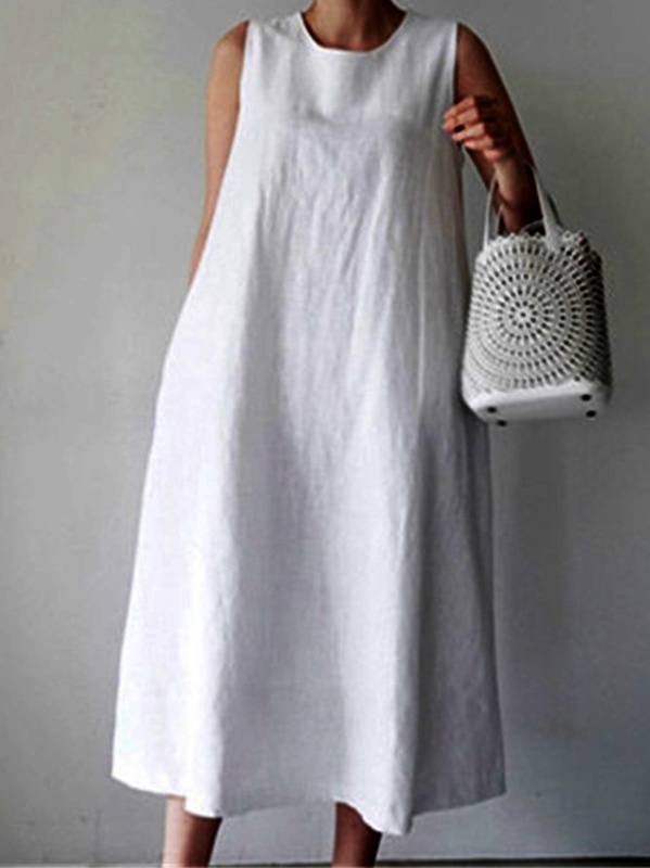 White Casual Plain Weaving Handmade Dress