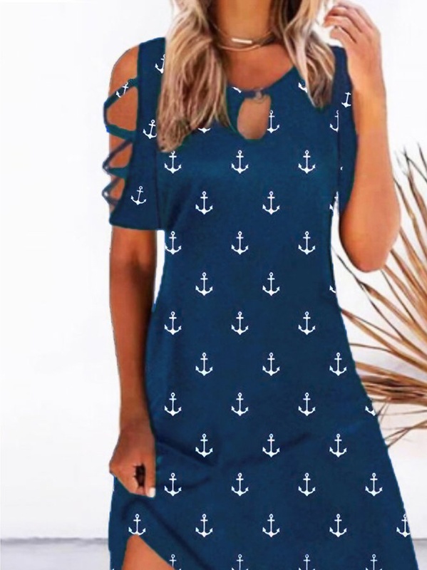 Anchor Casual Round Neck Short Sleeve A line Handmade Dress