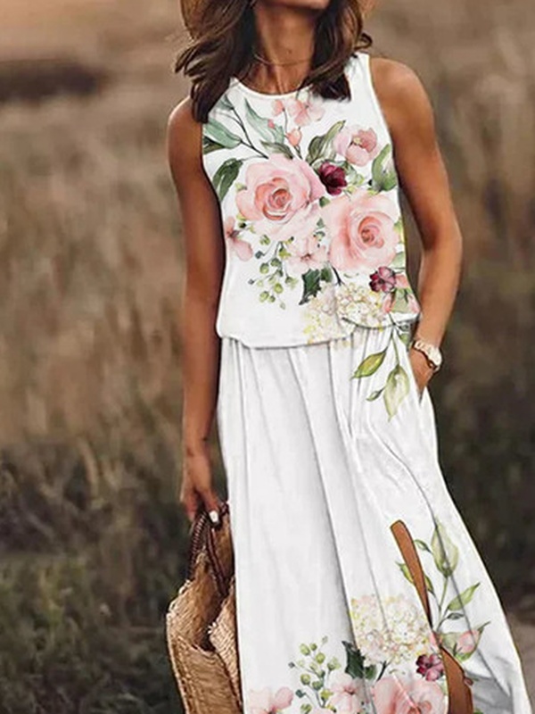 Crew Neck Casual Floral Printed Handmade Dress