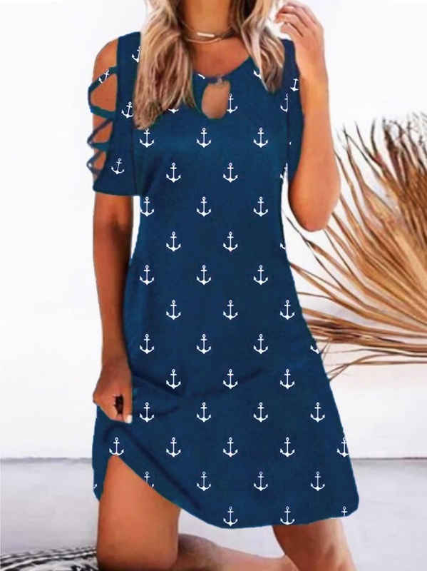 Anchor Casual Round Neck Short Sleeve A line Handmade Dress