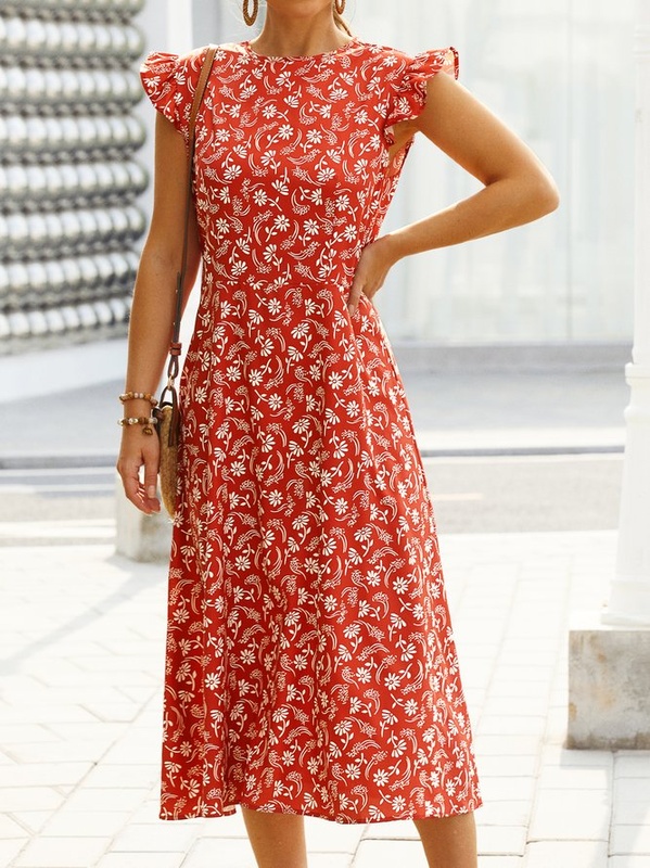 Sleeveless Crew Neck Floral Print Boho Holiday Weaving Handmade Dress