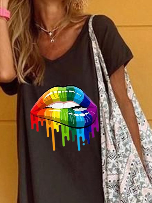 Black Printed V Neck Casual Party Daily Short Sleeve Shift