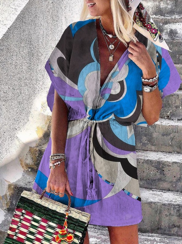 Shift Holiday V Neck Short Sleeve Weaving Handmade Dress