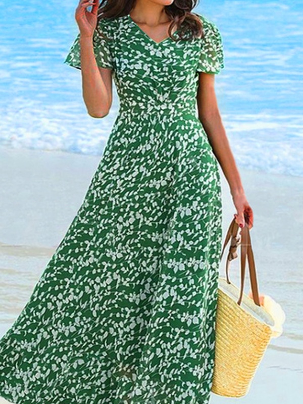 Womens Disty Floral Short Sleeve V Neck Vacation Long Handmade Dress